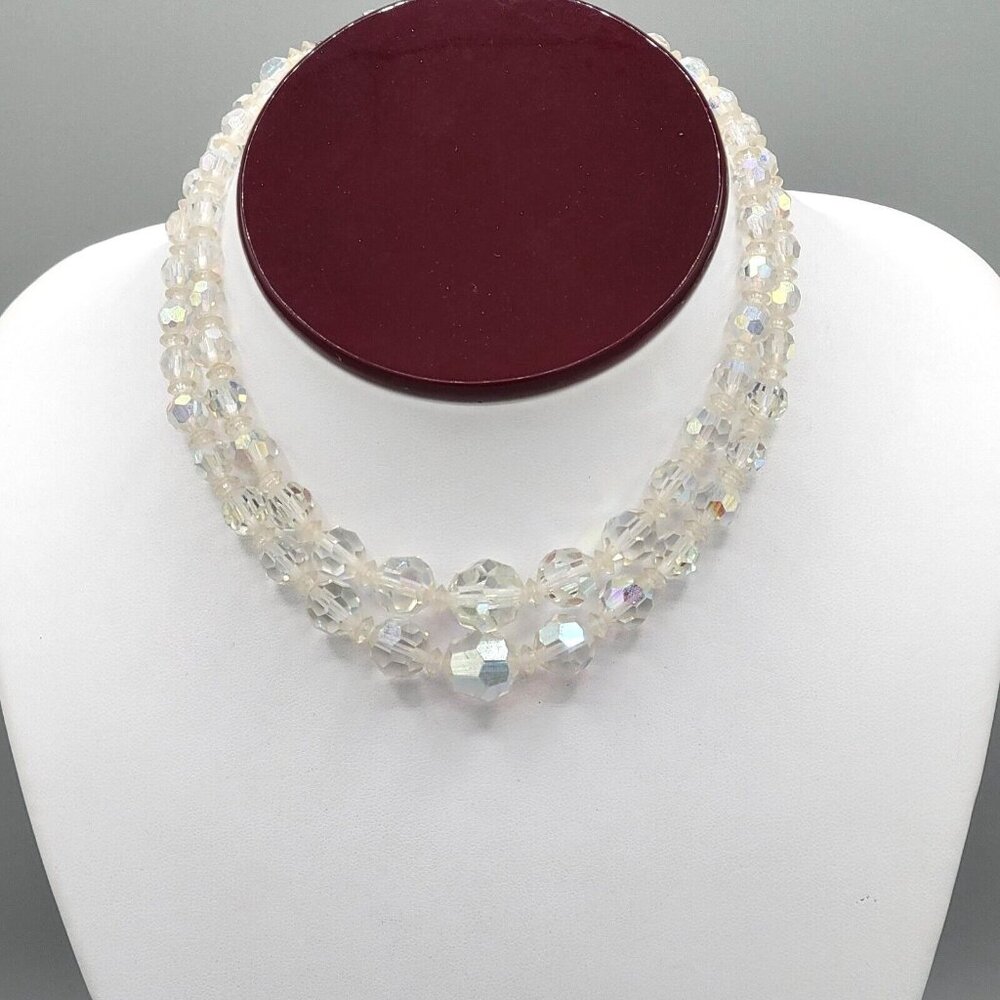 Womens Faceted Aurora Borealis Double Strand Beaded Necklace 14 in Vintage